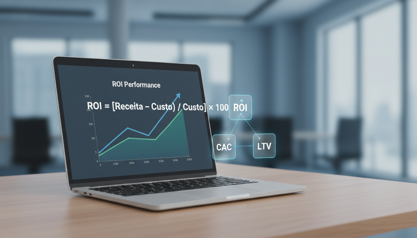 Dashboard financeiro corporativo em tons de azul e verde demonstrando visualmente como calcular o ROI, com gráficos de barras e indicadores de performance.
