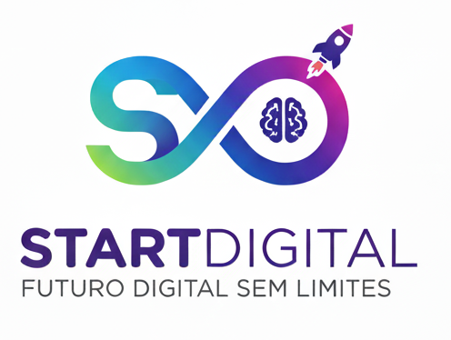 Logo da StartDigital com símbolo do infinito, foguete e cérebro, cores degradê azul e roxo, slogan Futuro Digital Sem Limites.