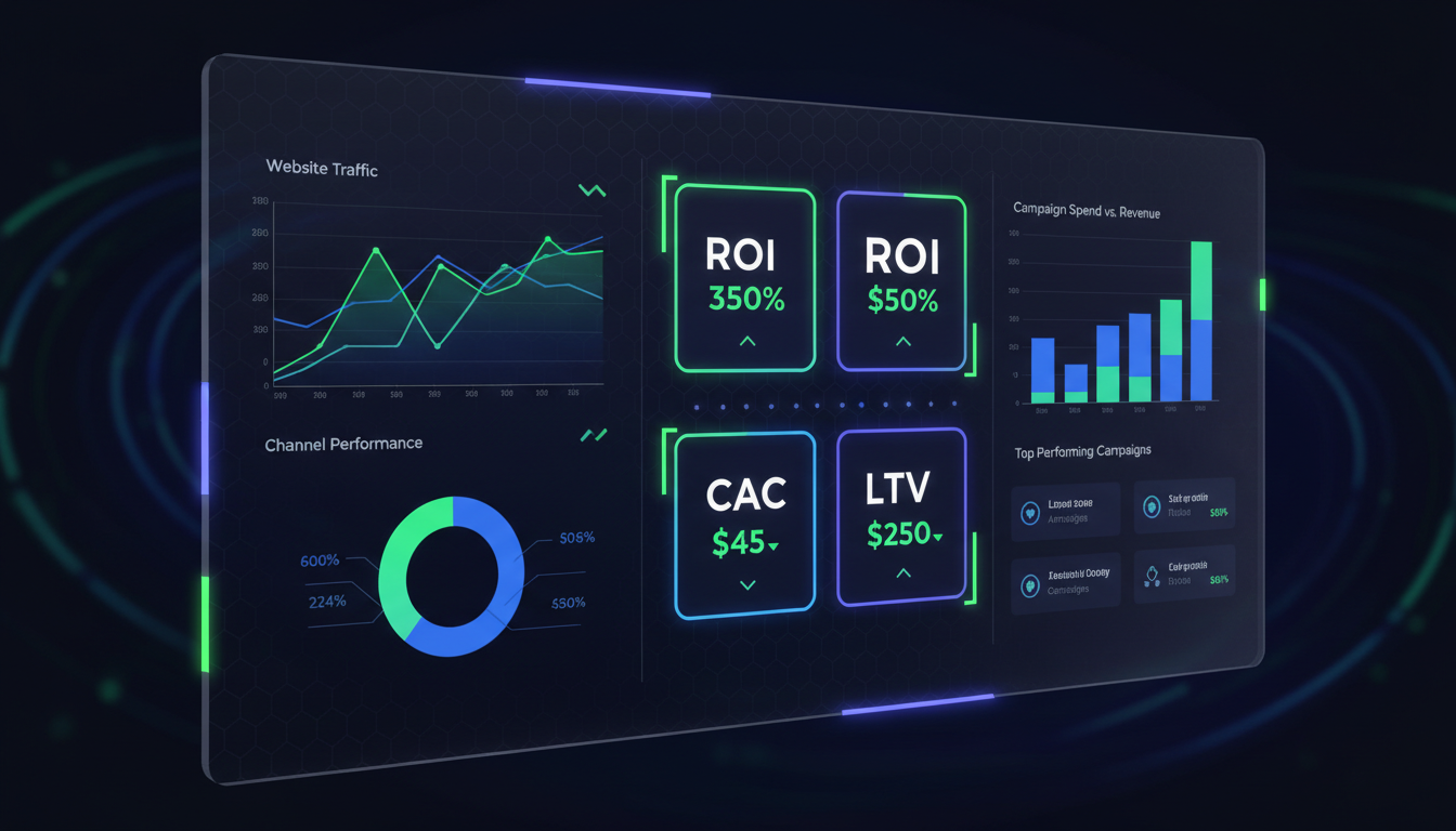 Dashboard analítico demonstrando métricas de marketing digital