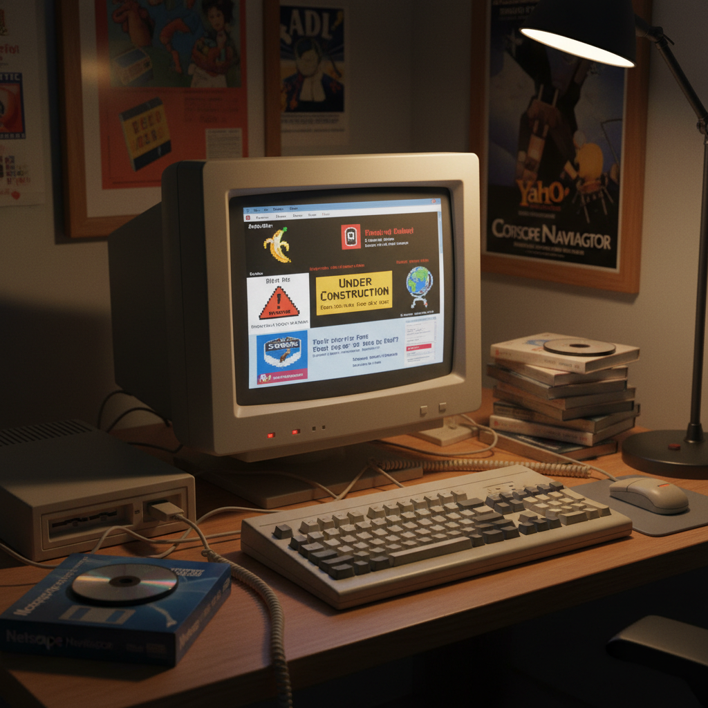 Evolução e história do Marketing Digital nos anos 90 com computadores antigos