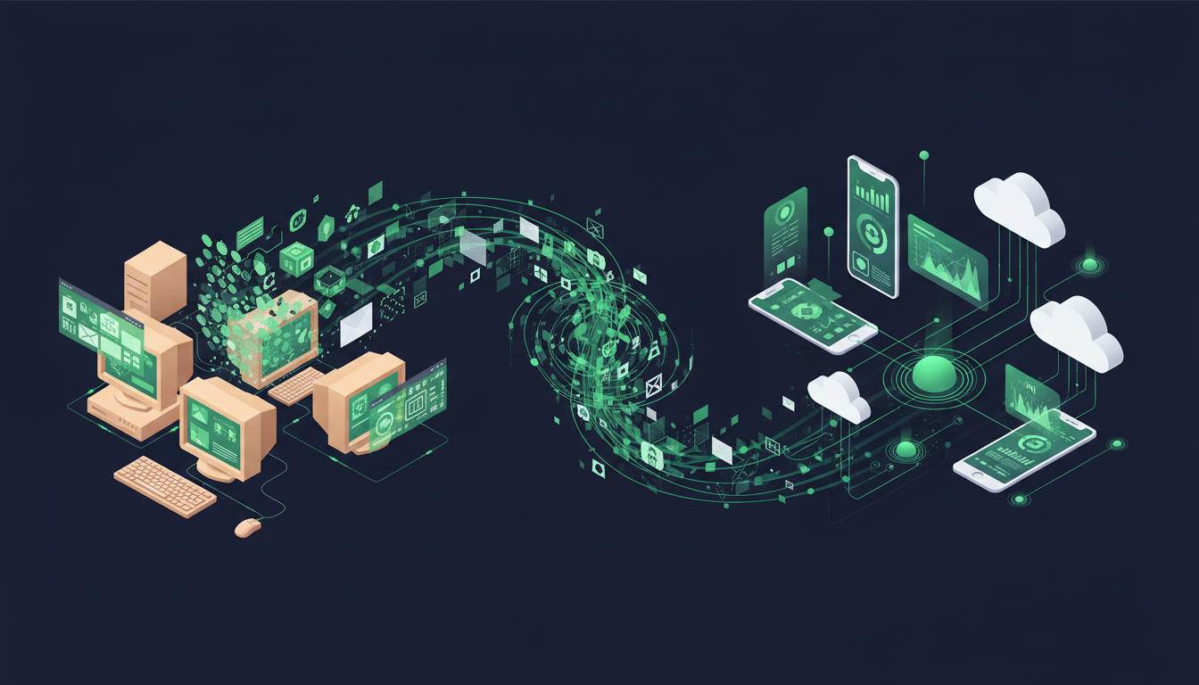 Ilustração moderna em tons de azul e verde mostrando a evolução e história do Marketing Digital, desde computadores antigos dos anos 90 até smartphones modernos com gráficos financeiros e conexões de dados.