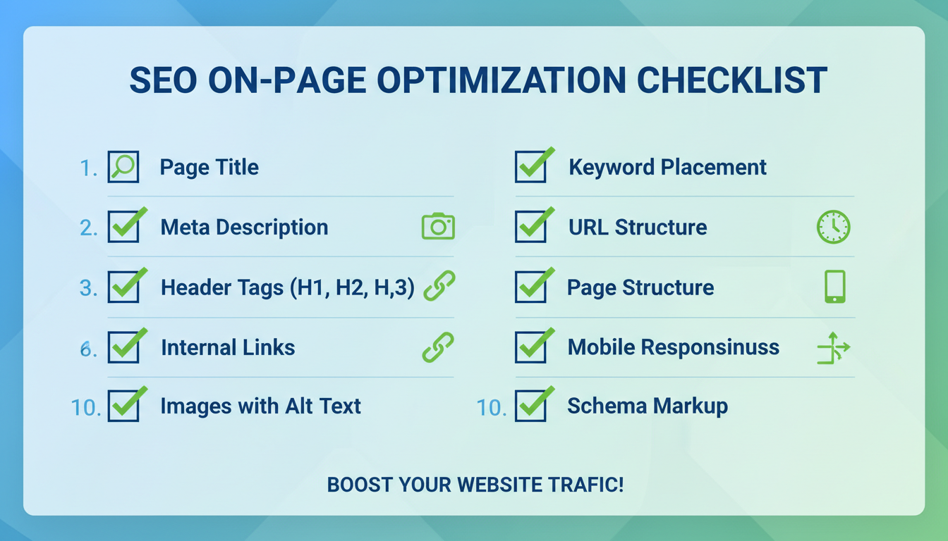 Checklist de otimização On-Page: título, meta description, imagens, links internos