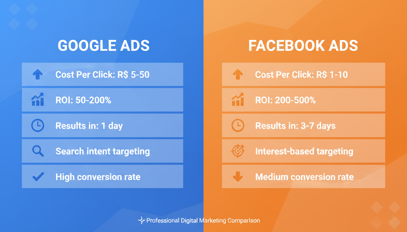 Comparação profissional Google Ads vs Facebook Ads: custos, ROI e resultados lado a lado para empresários e iniciantes em marketing digital