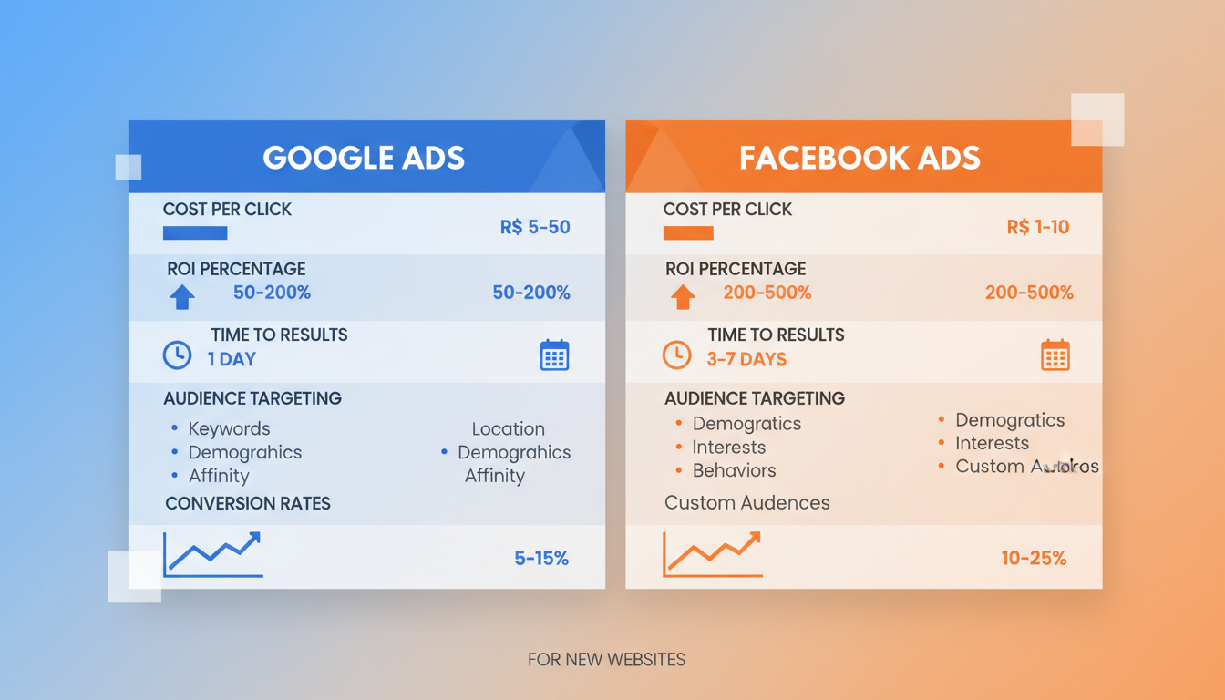 Comparação de custos: Google Ads vs Facebook Ads para sites novos