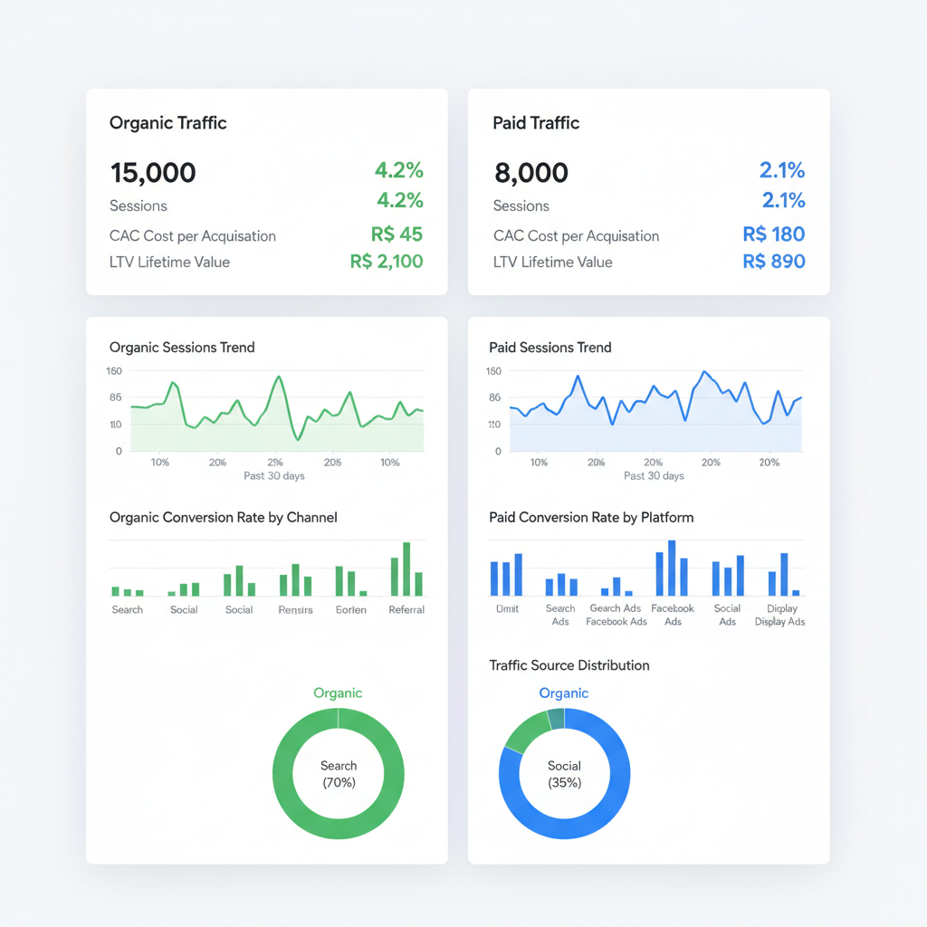Dashboard de análise mostrando métricas de tráfego orgânico e pago lado a lado
