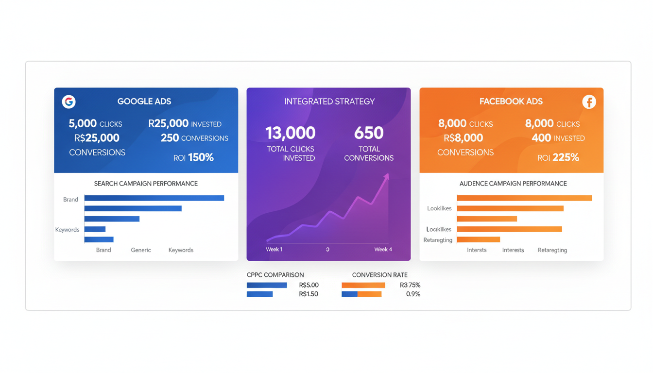 Dashboard integrado mostrando Google Ads e Facebook Ads trabalhando juntos: 13.000 cliques totais, ROI combinado de 225%, 650 conversões com estratégia integrada vs plataformas isoladas