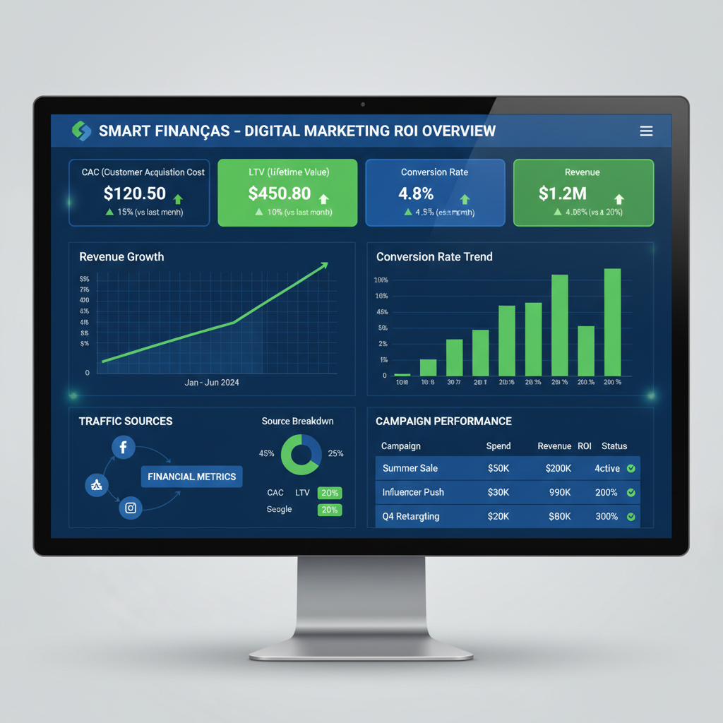 Dashboard analítico mostrando ROI, CAC, LTV e taxa de conversão em campanhas de tráfego no marketing digital com gráficos em tempo real e fontes de tráfego