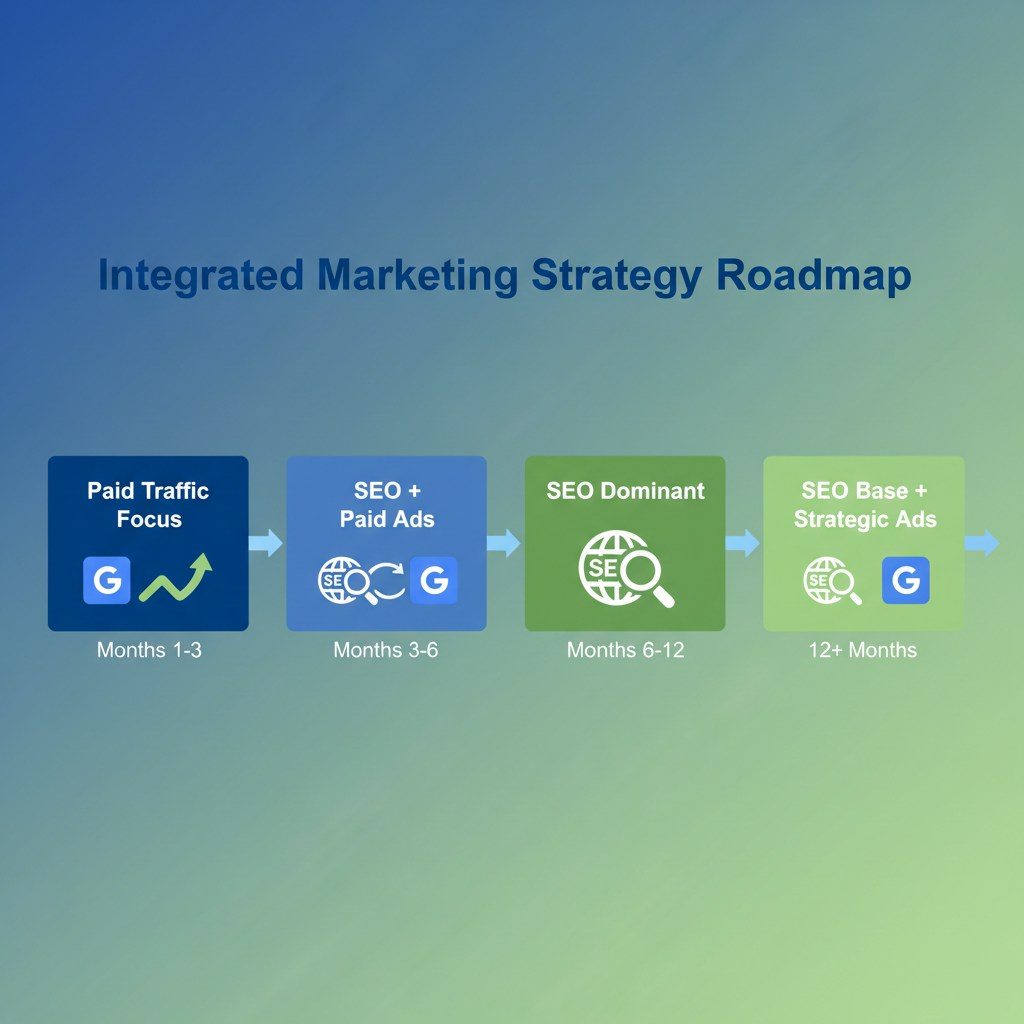 Gráfico de ROI comparativo: tráfego orgânico cresce exponencialmente enquanto tráfego pago permanece linear
