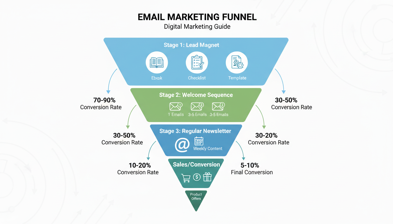 Funil de email marketing: lead magnet, welcome sequence, newsletter regular