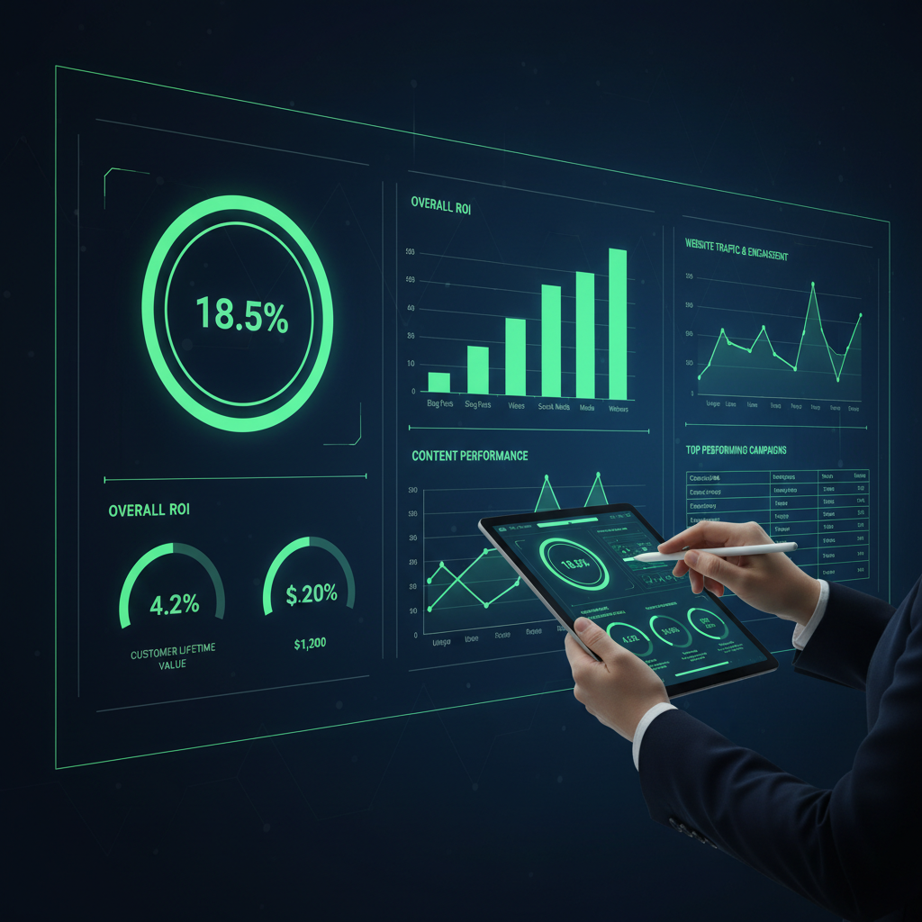 Estrategista de marketing digital analisando dados de ROI e métricas de criação de conteúdo