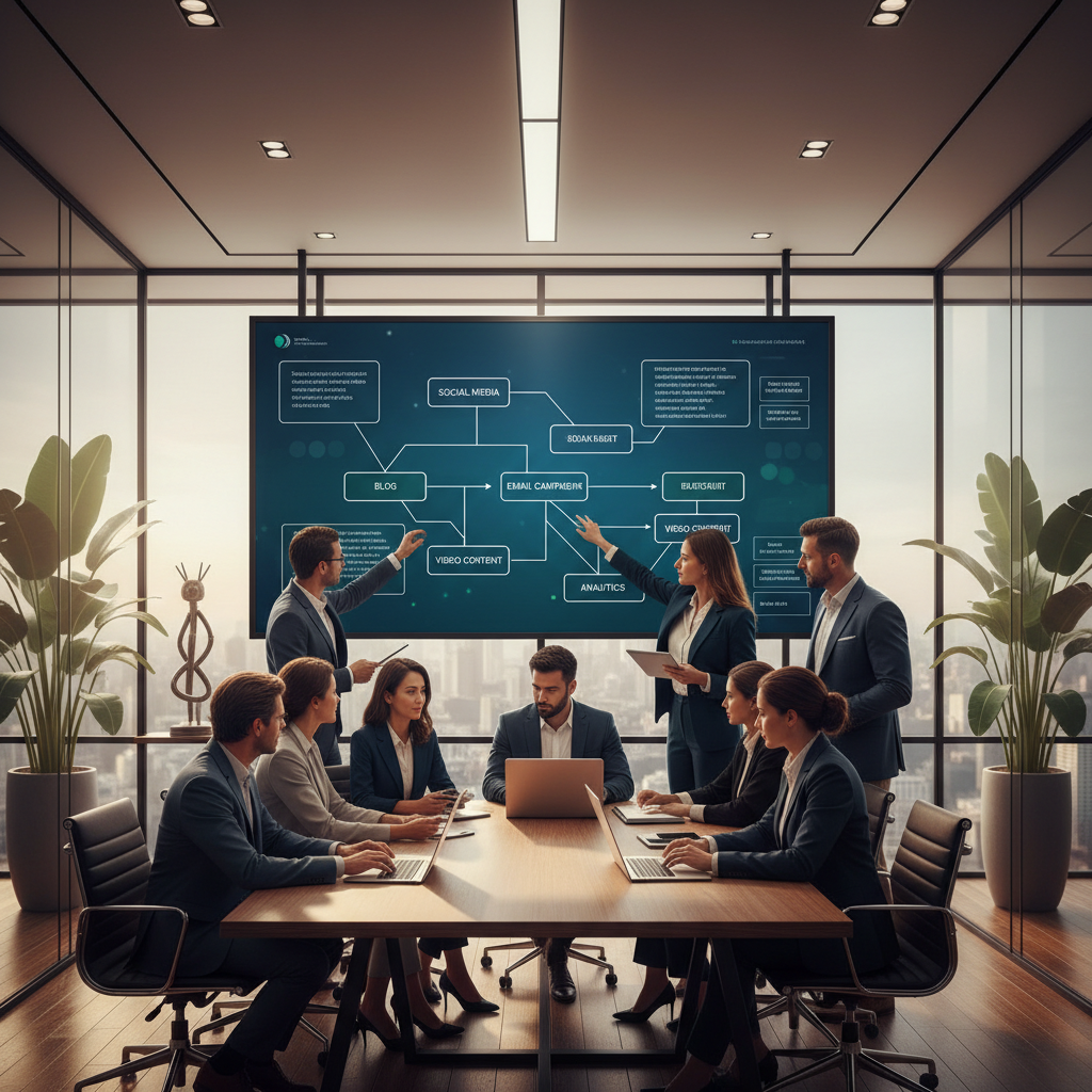 Equipe de marketing digital em reunião de planejamento de blog marketing e Inbound Marketing
