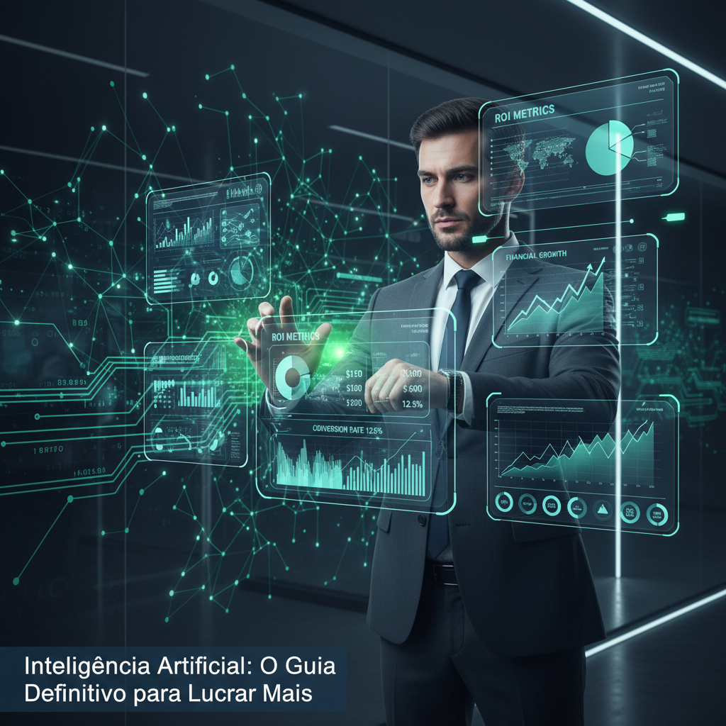 Empresário analisando dashboard de Inteligência Artificial com métricas de ROI, CAC e LTV em tempo real