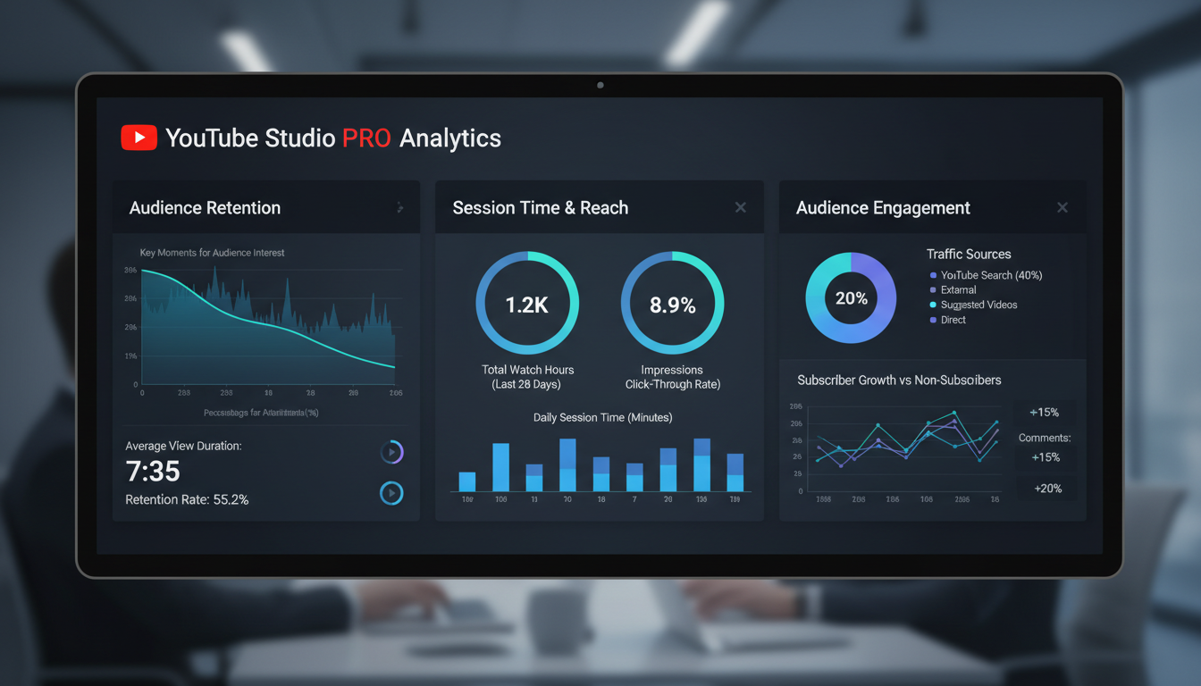 Dashboard analítico do YouTube Studio mostrando métricas avançadas de retenção e tempo de sessão