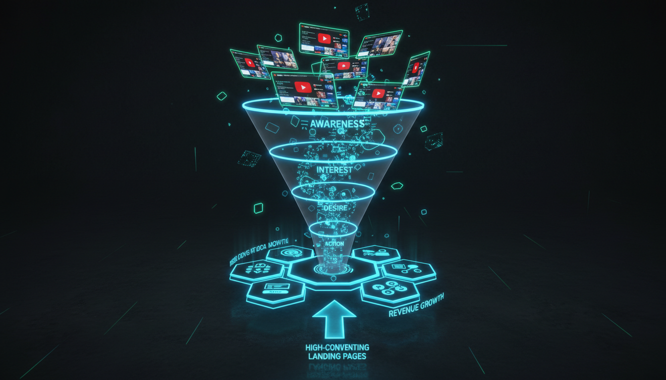 Estrutura de funil de vendas integrando vídeos do YouTube com páginas de destino de alta conversão