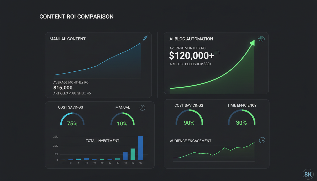 Dashboard analítico comparando o ROI da produção manual versus ferramentas de IA para blogs