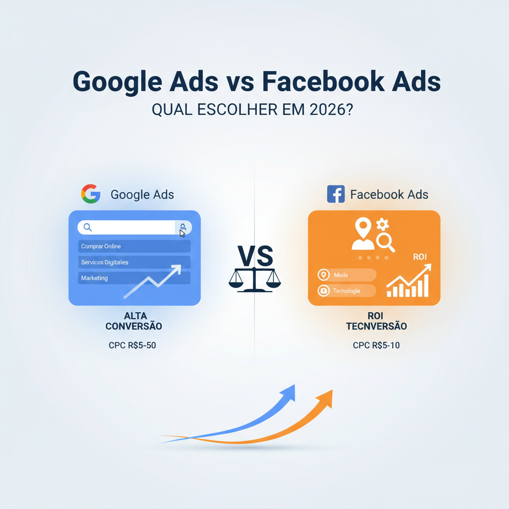 Imagem destacada do artigo Google Ads vs Facebook Ads: lado esquerdo azul mostrando Google Ads com logo G, barra de busca, palavras-chave e CPC R$ 5-50. Símbolo VS no centro com balança de comparação. Lado direito laranja mostrando Facebook Ads com logo F, ícones de segmentação de audiência e CPC R$ 1-10. Base com gráfico de crescimento combinado das duas plataformas.