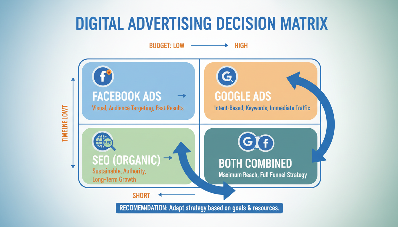 Matriz de decisão 2x2 mostrando quando escolher Google Ads, Facebook Ads, SEO ou estratégia combinada. Eixos: orçamento disponível e timeline de resultados esperados