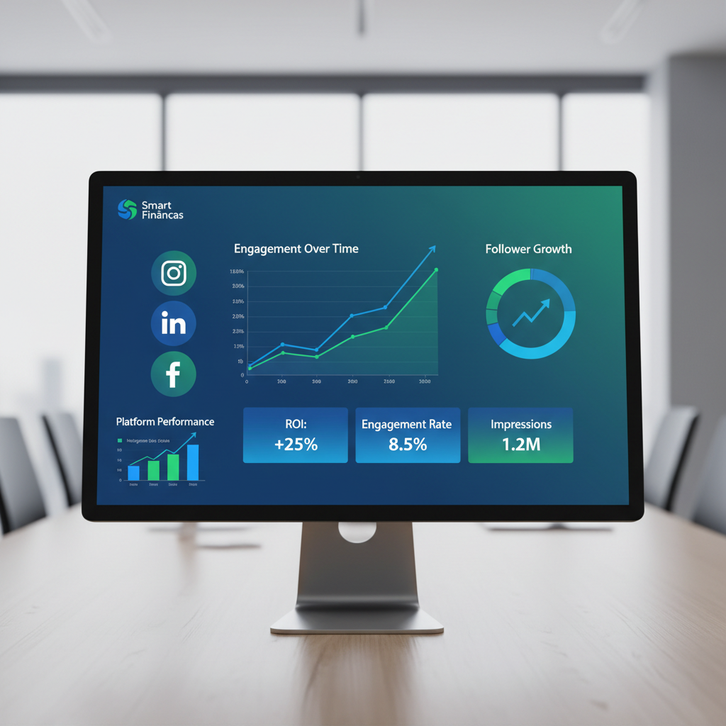 Dashboard de redes sociais marketing mostrando métricas de engajamento, crescimento de seguidores e ROI em tempo real