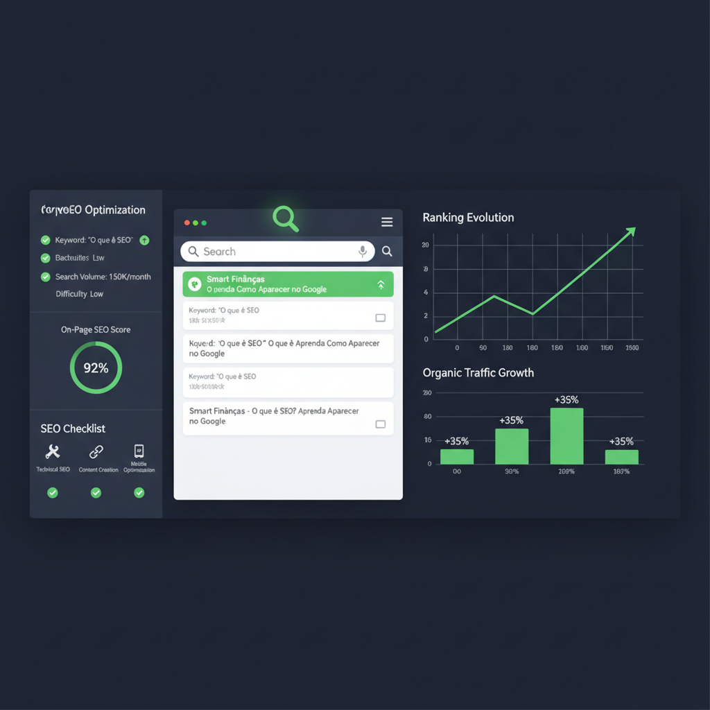 Dashboard de SEO mostrando crescimento de tráfego orgânico, rankings do Google e métricas de otimização para aparecer nos primeiros resultados de busca com estratégia de marketing digital