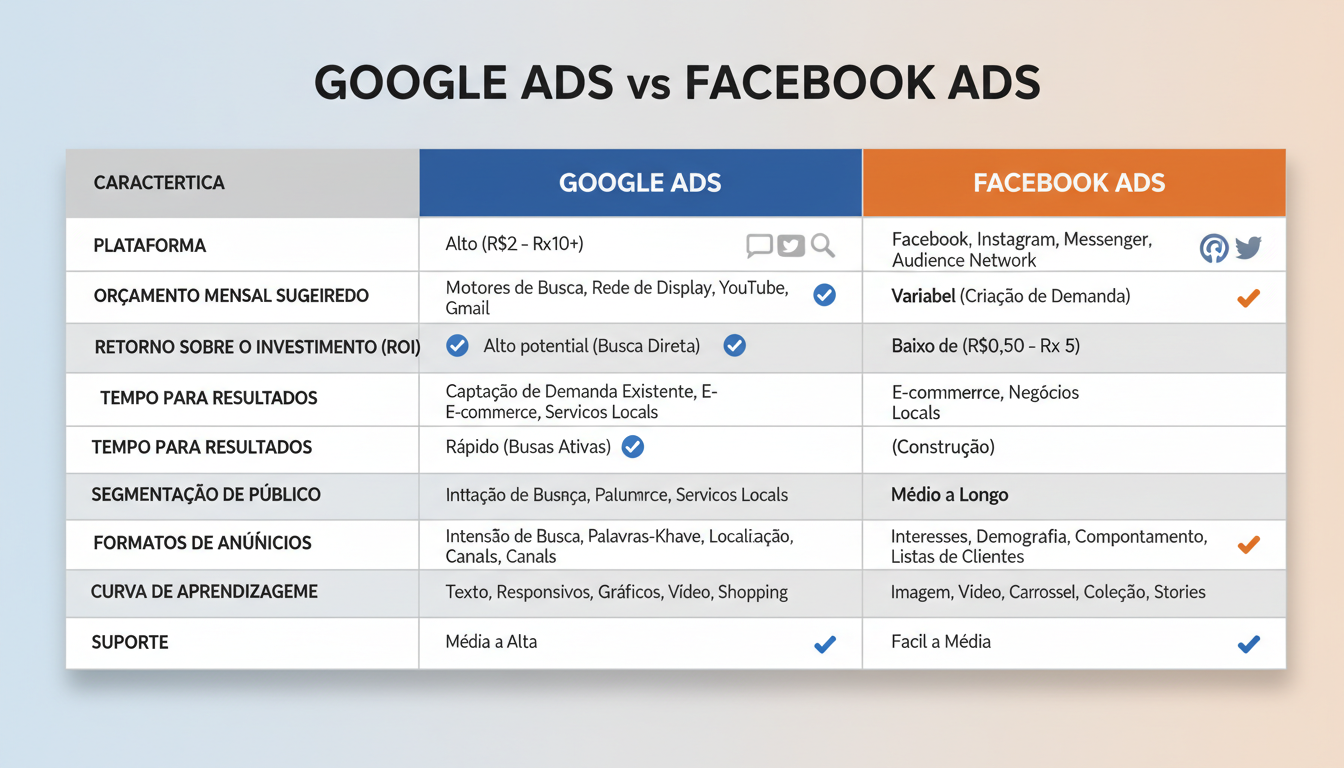 Tabela comparativa profissional com 10 critérios entre Google Ads e Facebook Ads: custo por clique, ROI, tempo para resultados, segmentação, taxa de conversão e recomendações em português