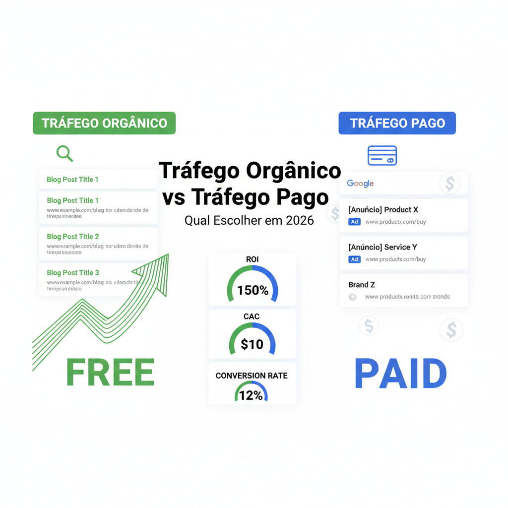 Imagem de capa mostrando comparação entre tráfego orgânico (Google Search, verde) e tráfego pago (Google Ads, azul) com métricas de ROI, CAC e taxa de conversão lado a lado