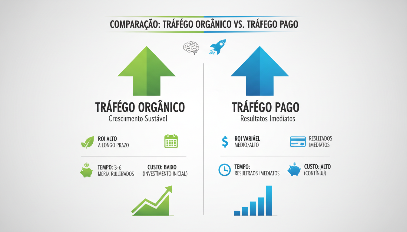 Comparação entre tráfego orgânico e tráfego pago em gráfico de desempenho