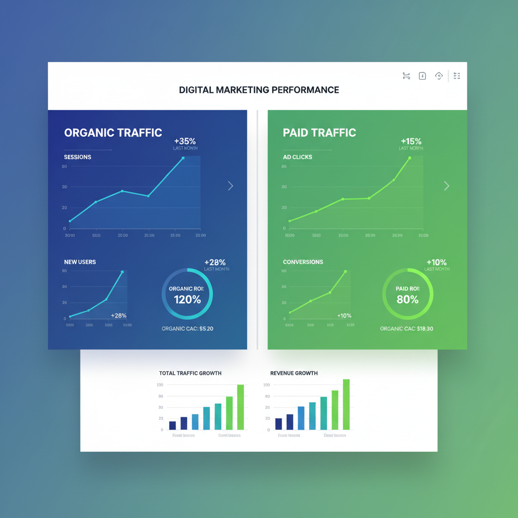 Dashboard de tráfego no marketing digital mostrando visitantes, fontes de tráfego e métricas de conversão em tempo real