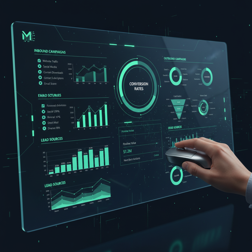 Especialista de marketing digital analisando um CRM corporativo com dados de Inbound e Outbound Marketing e taxas de conversão.