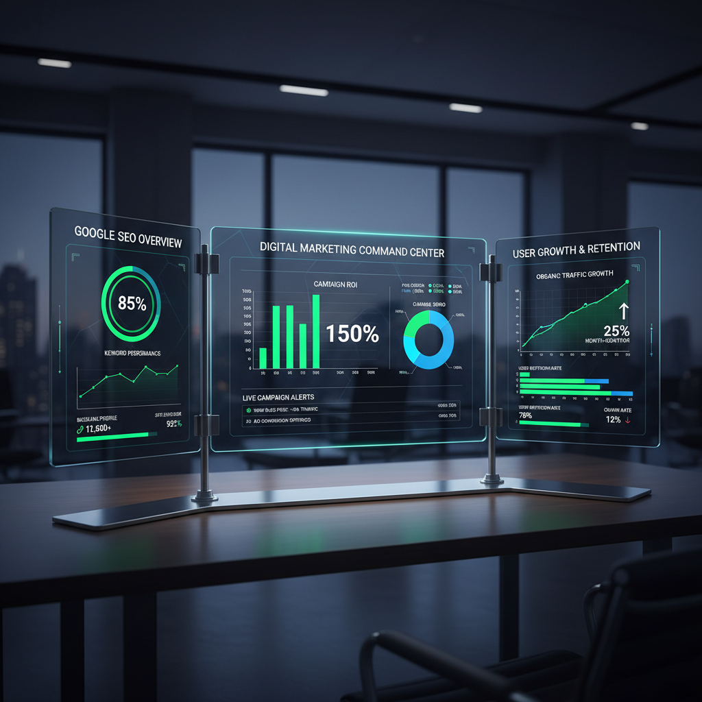 Dashboard analítico moderno corporativo detalhando métricas essenciais de Google SEO, marketing digital e crescimento de tráfego orgânico