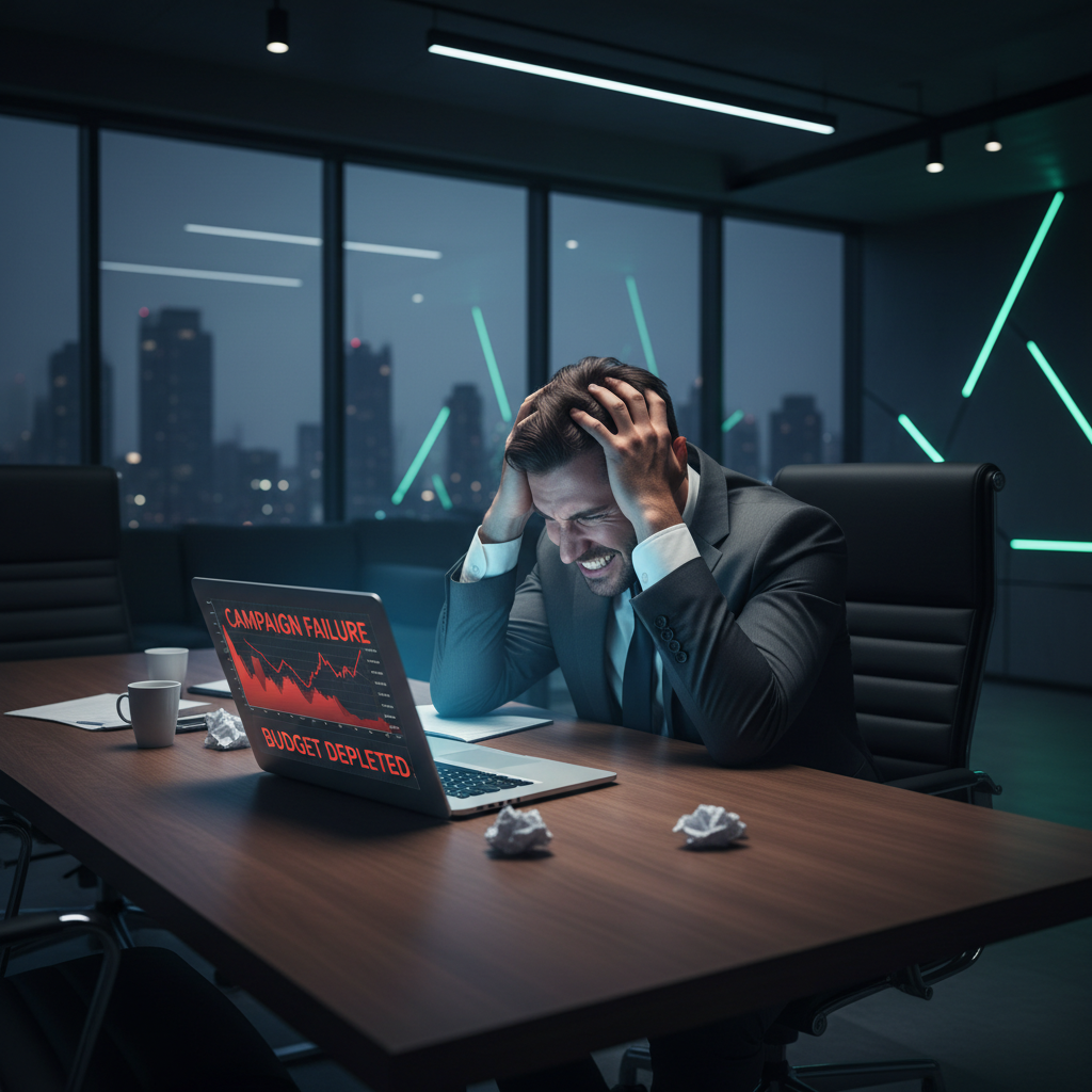 Empresário frustrado analisando métricas de marketing digital e campanhas de anúncios que não convertem