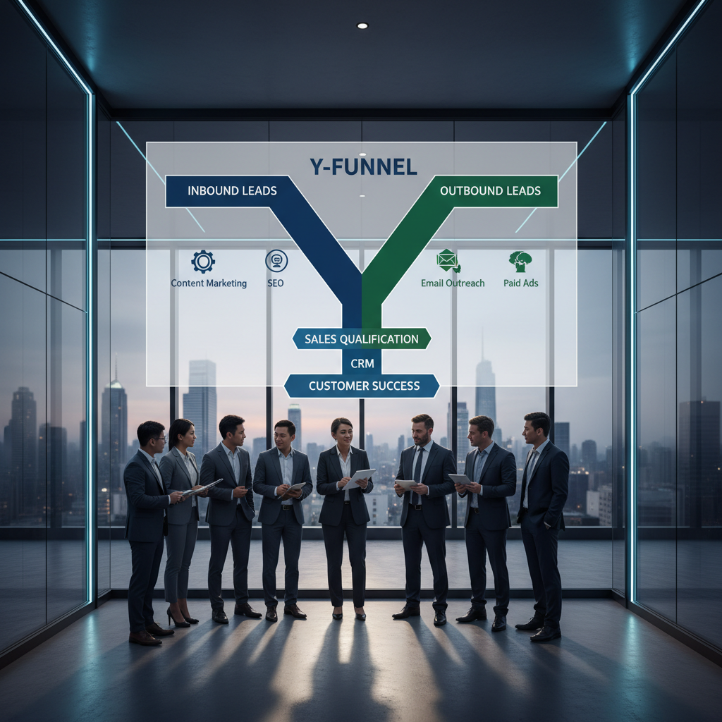 Equipe corporativa de vendas estruturando o funil em Y que une Inbound e Outbound Marketing em uma sala de reuniões.