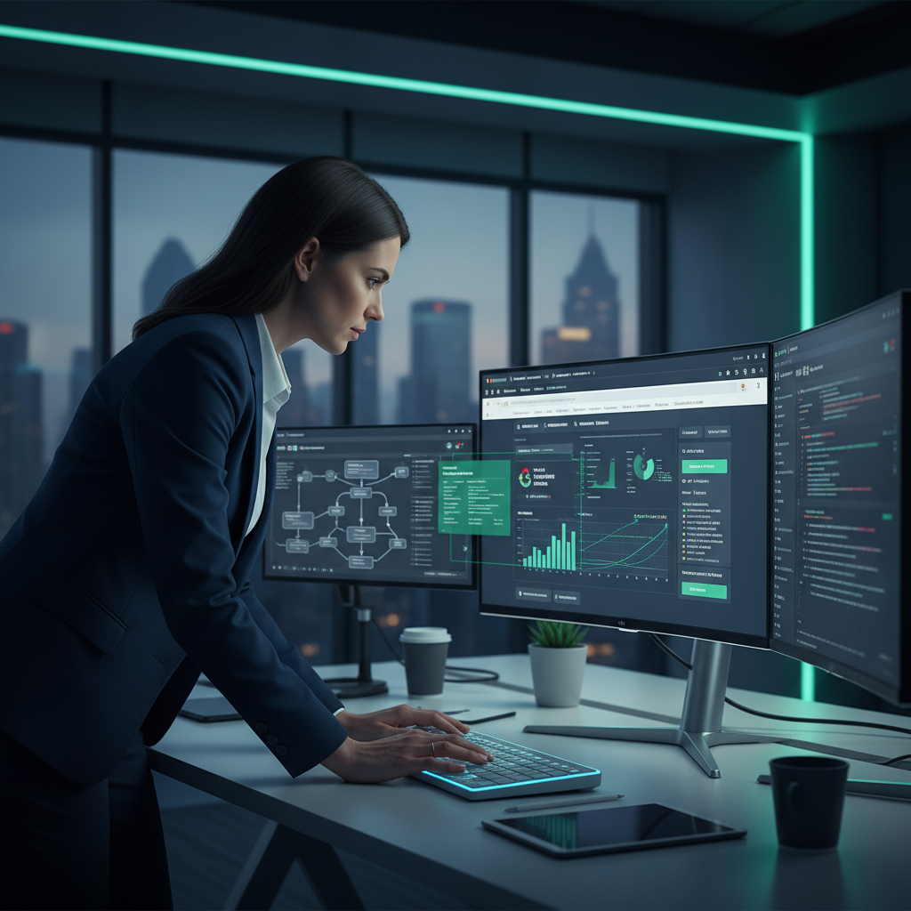 Especialista corporativo em marketing digital aplicando táticas avançadas de Google SEO e analisando algoritmos de busca em monitores de um escritório