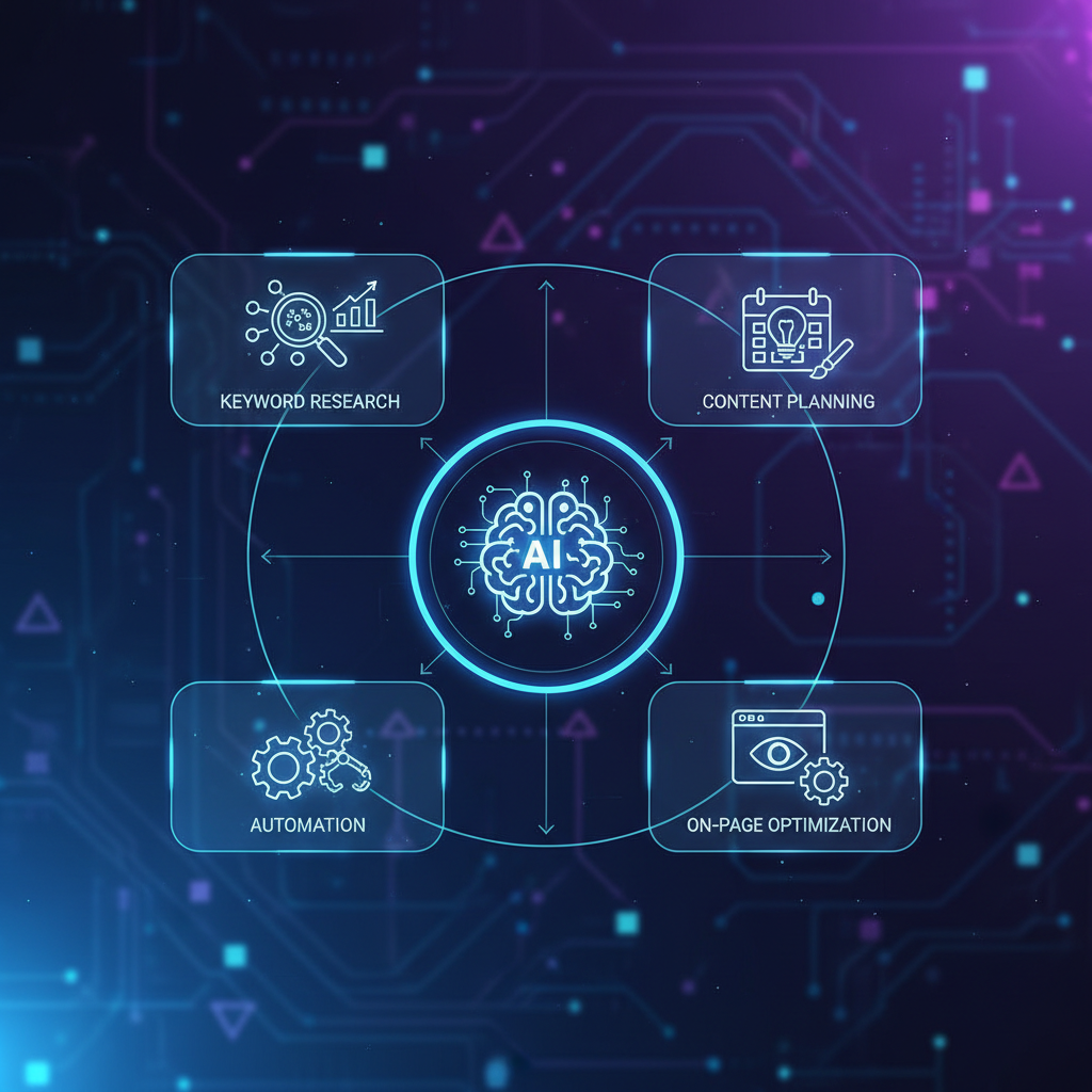 Fluxo de SEO com IA mostrando automação de pesquisa, conteúdo e otimização