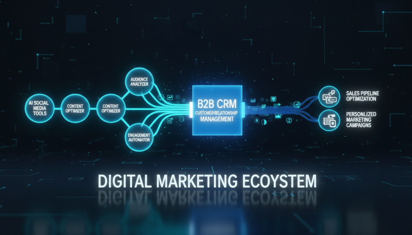 Fluxograma mostrando a integração de dados entre IA para redes sociais e CRM de vendas B2B