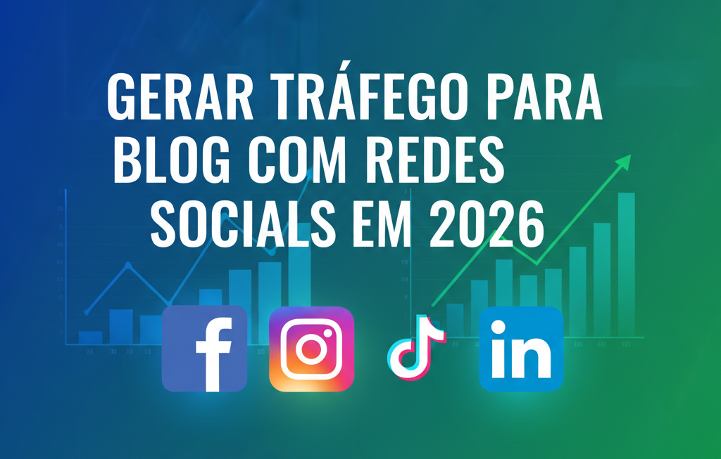 Ilustração da capa do artigo sobre como gerar tráfego para blog com redes sociais em 2026, com ícones de mídias sociais e gráficos de análise.