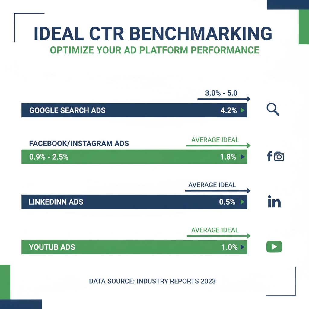 Gráfico de benchmarking corporativo mostrando o que é CTR ideal em diferentes plataformas de anúncios