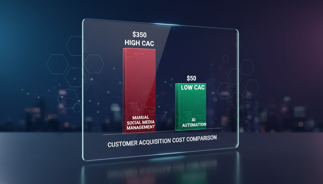 Gráfico de barras comparando o alto CAC manual versus o baixo CAC utilizando IA para redes sociais