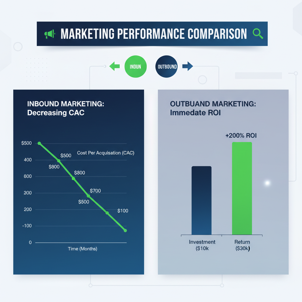 Gráfico financeiro demonstrando a redução do CAC e o aumento de ROI ao aplicar Inbound e Outbound Marketing.