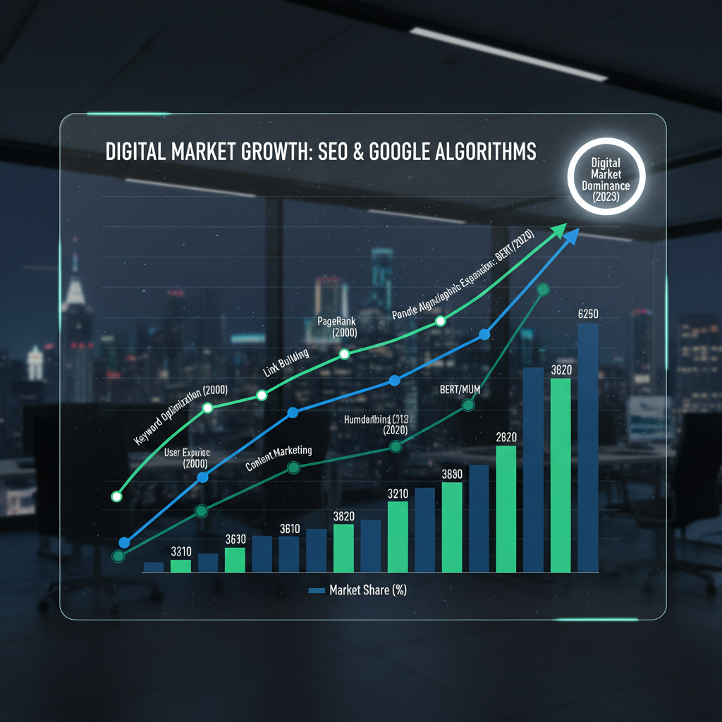 Gráfico corporativo de crescimento financeiro demonstrando a evolução do SEO e a expansão algorítmica do Google SEO no mercado digital