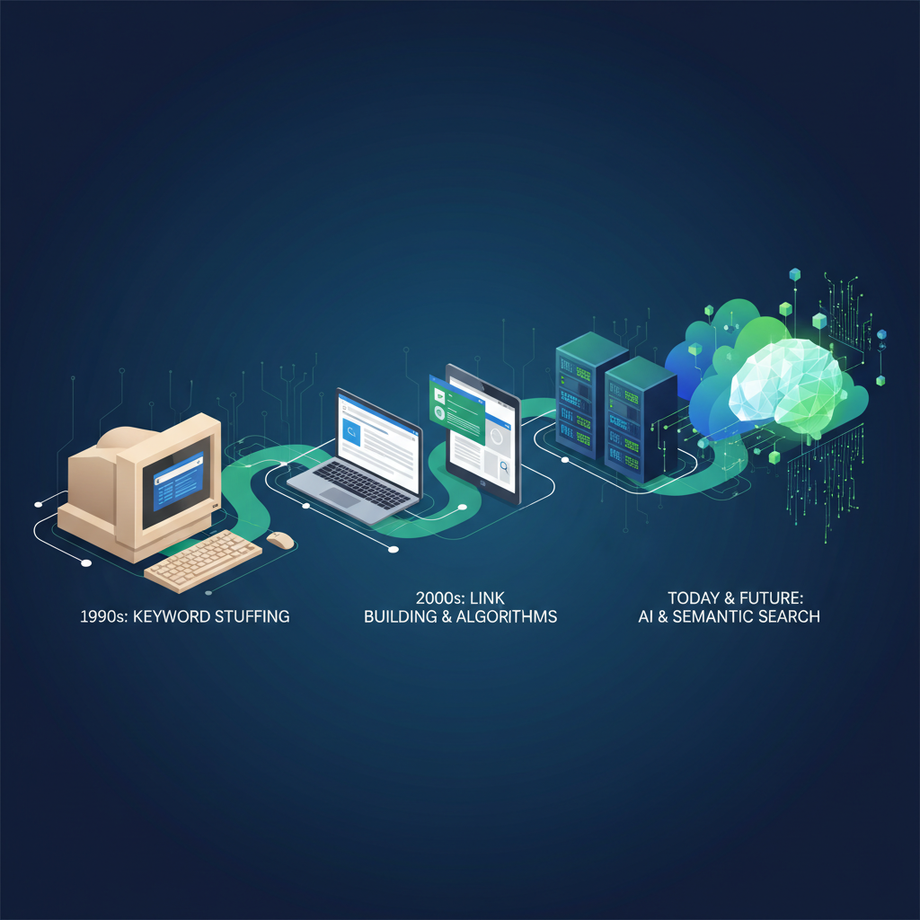 Ilustração tecnológica da história do SEO mostrando a evolução dos motores de busca desde os computadores antigos dos anos 90 até os algoritmos de Inteligência Artificial atuais.