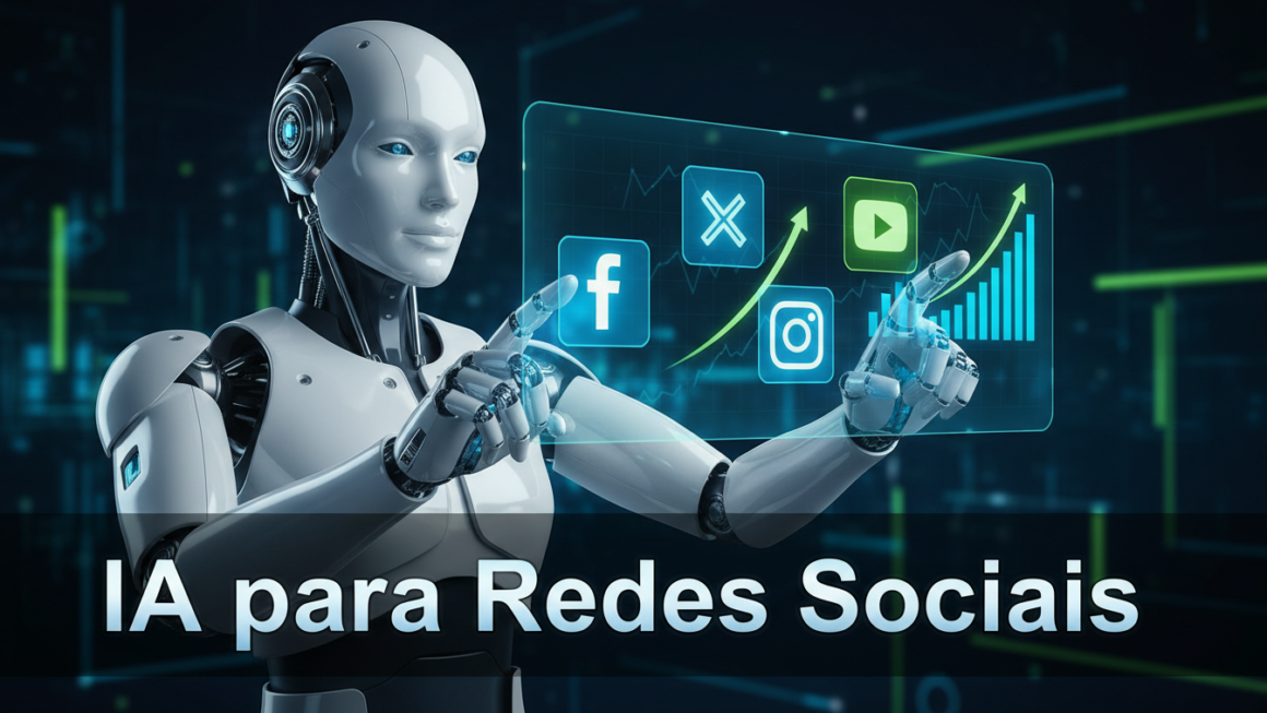 Robô humanoide futurista interagindo com telas holográficas de redes sociais, com o texto IA para Redes Sociais em destaque.