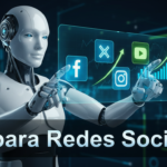 Robô humanoide futurista interagindo com telas holográficas de redes sociais, com o texto IA para Redes Sociais em destaque.