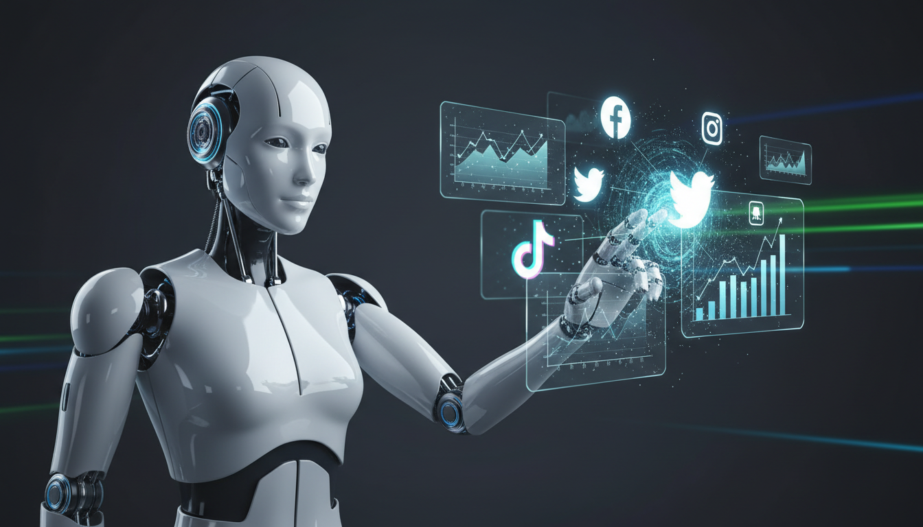 Dashboard corporativo mostrando o crescimento de engajamento e vendas usando IA para redes sociais