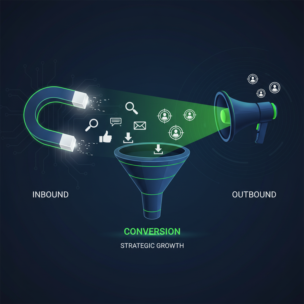 Dashboard corporativo comparando estratégias de Inbound e Outbound Marketing em um funil de vendas digital.