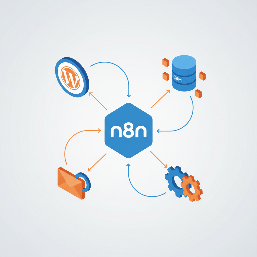 Arquitetura simples de automação com n8n integrando WordPress, CRM e e-mail