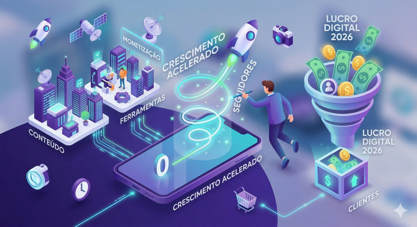 Ilustração 3D isométrica de um smartphone com um gráfico de crescimento espiral ascendente e um funil de monetização, representando o guia completo de crescimento no Instagram para iniciantes em 2026.