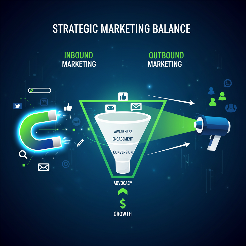 Ilustração corporativa premium comparando as estratégias de Inbound e Outbound Marketing em um funil de vendas digital moderno.