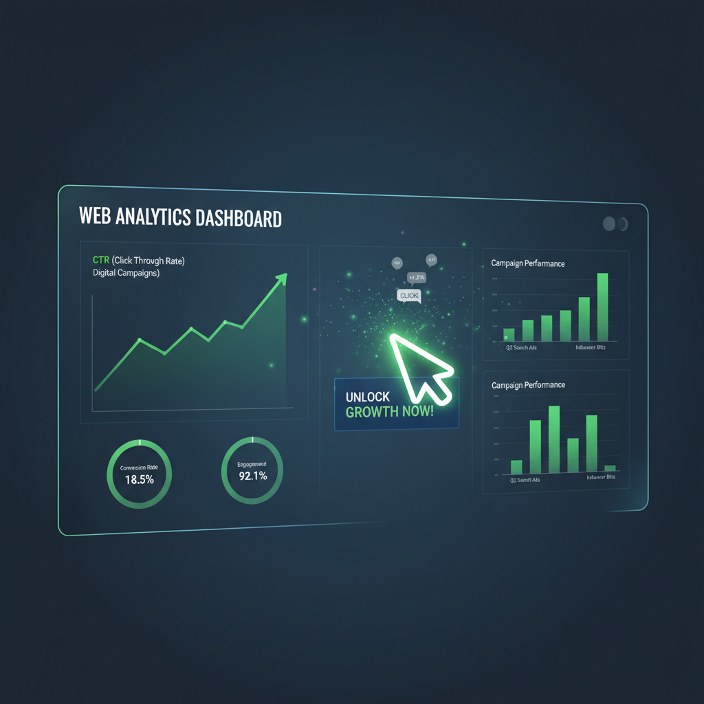 Dashboard analítico moderno ilustrando o que é CTR (Click-Through Rate) com um cursor clicando em um anúncio digital e gráficos financeiros de crescimento.