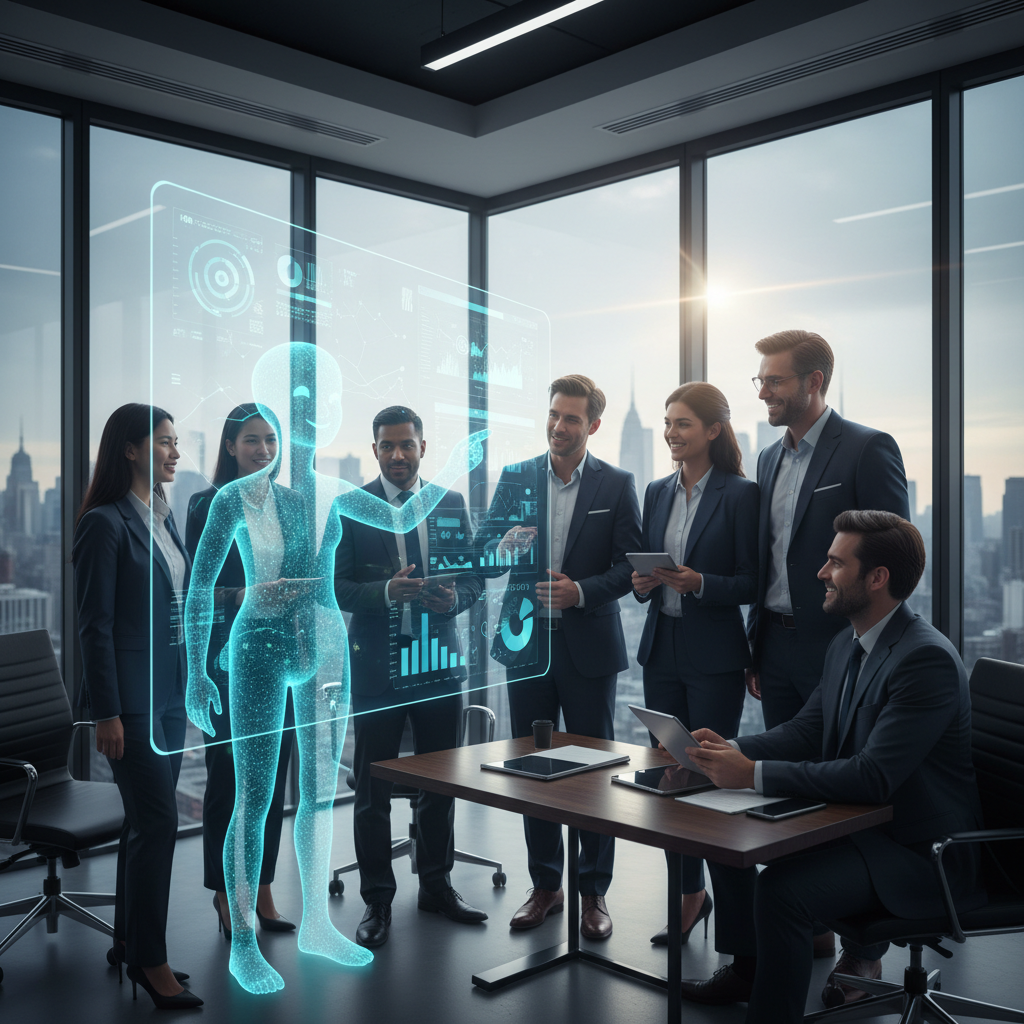 Robô colaborando com equipe comercial em ambiente de escritório moderno e tecnológico